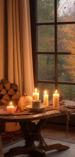Cozy candlelit interior with autumn view.