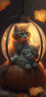 Two kittens nestled in a glowing lantern among autumn leaves.