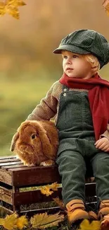 Child with rabbit in autumn setting, warm colors and falling leaves.