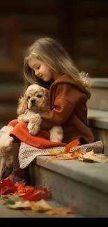 Child with teddy bear sitting on steps in cozy autumn setting.