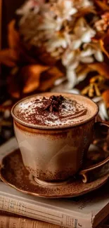 A cozy cup of cappuccino on books, surrounded by autumn leaves.