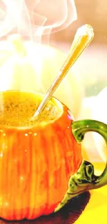 Steaming coffee in a pumpkin mug, surrounded by autumn decor.