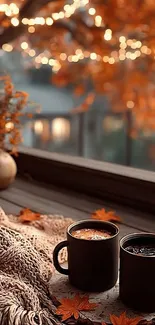Autumn setting with two coffee mugs.