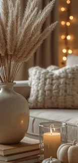 Cozy living room with pampas grass and candlelight.