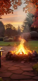 Autumn evening fire pit with glowing flames