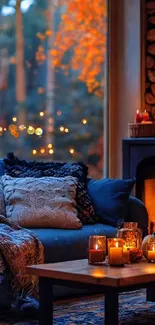 Cozy living room with fireplace and candles by a window.