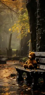 Teddy bear on a bench in a misty autumn forest.