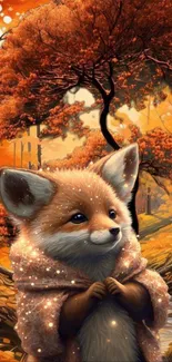 Charming illustrated fox wrapped in a cozy autumn setting with orange foliage.