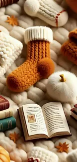 Cozy autumn setup with knitted socks, books, and soft textures.