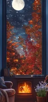 Moonlit window with autumn foliage and cozy fireplace.