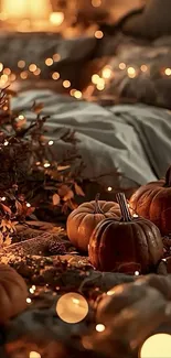 Cozy autumn scene with pumpkins and warm fairy lights.