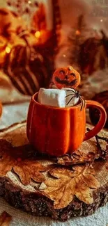 Pumpkin mug on a wooden slab with autumn decor in warm tones.