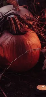 Autumn pumpkin with candles in warm tones.