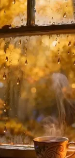 Steamy cup by rainy window with autumn leaves.