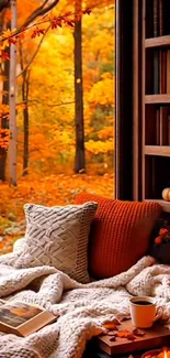Cozy nook with blanket and autumn view.