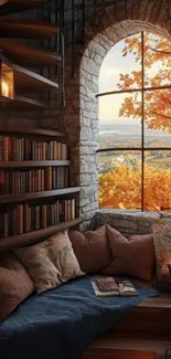 Cozy reading nook with autumn view and books.