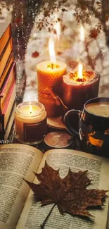 Autumn-themed wallpaper with books, candles, and warm cozy vibes.