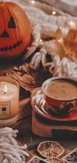 Autumn-themed cozy scene with pumpkins, candle, and coffee on wooden table.