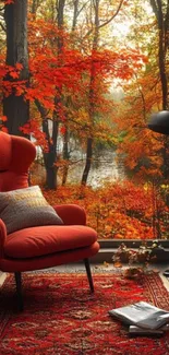 A cozy room with a view of autumn foliage through a large window.