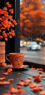 Cozy autumn window scene with rain and a cup.