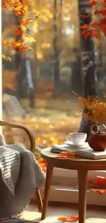 Cozy autumn scene by a window with tea and leaves.