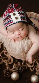 Newborn baby in a festive basket surrounded by pinecones and decorations on dark background.