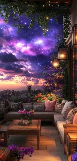 Cozy balcony under a vivid, starry night sky glowing with purple hues.