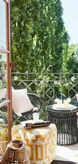 Cozy balcony with lush green trees and chic decor.