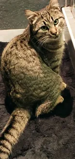 Tabby cat sitting on dark bath mat in a bathroom.