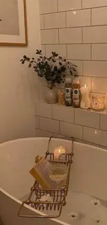 Cozy bathroom scene with candles and decor for relaxation.