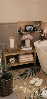 Cozy bathroom with elegant decor and warm lighting on display.