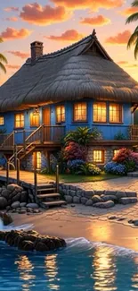 Cozy beachfront house at sunset with vibrant palm trees and ocean view.