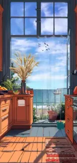 Cozy kitchen with beachfront view under clear sky.