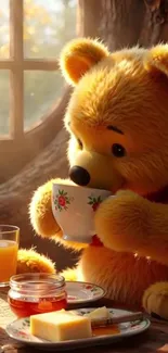 Cartoon bear enjoying breakfast with tea and honey.