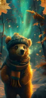 A cute bear wearing a hat and scarf stands in a magical forest under northern lights.