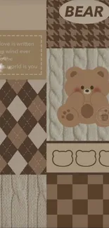 Cozy beige bear-patterned mobile wallpaper with knit and plaid designs.