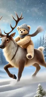 Teddy bear riding a reindeer in snow.