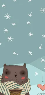 Cozy bear with cocoa under snowy sky illustration.