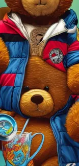 Cute teddy bears in a stylish blue jacket.