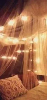 Cozy bed canopy with warm string lights creating a serene ambiance.