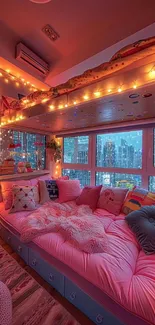 Cozy bedroom with a city view, adorned with fairy lights and plush bedding.