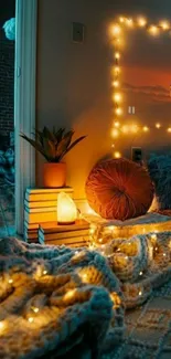 Cozy bedroom with fairy lights decor, creating a warm and inviting atmosphere.