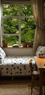 Cozy bedroom with garden view and wooden desk.