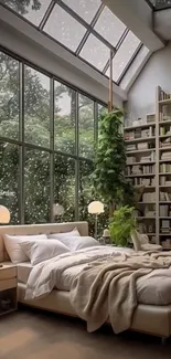 Cozy bedroom with large windows and lush greenery.