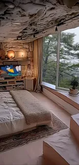 Cozy bedroom with rock decor and nature view.