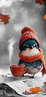 Blue bird with scarf and hat amidst falling autumn leaves.