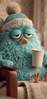 Cozy blue cartoon bird sitting with coffee in a winter setting.