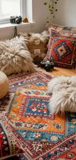 Bohemian room with colorful rugs and soft cushions, creating a cozy atmosphere.