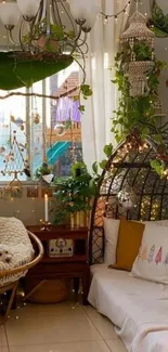 Cozy boho room with plants and warm decor.