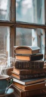 A stack of books with a steaming cup on a windowsill.